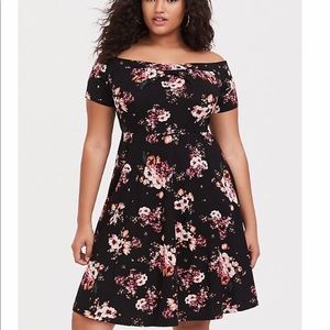 Black Floral Ponte Knit Off Shoulder Skater Dress